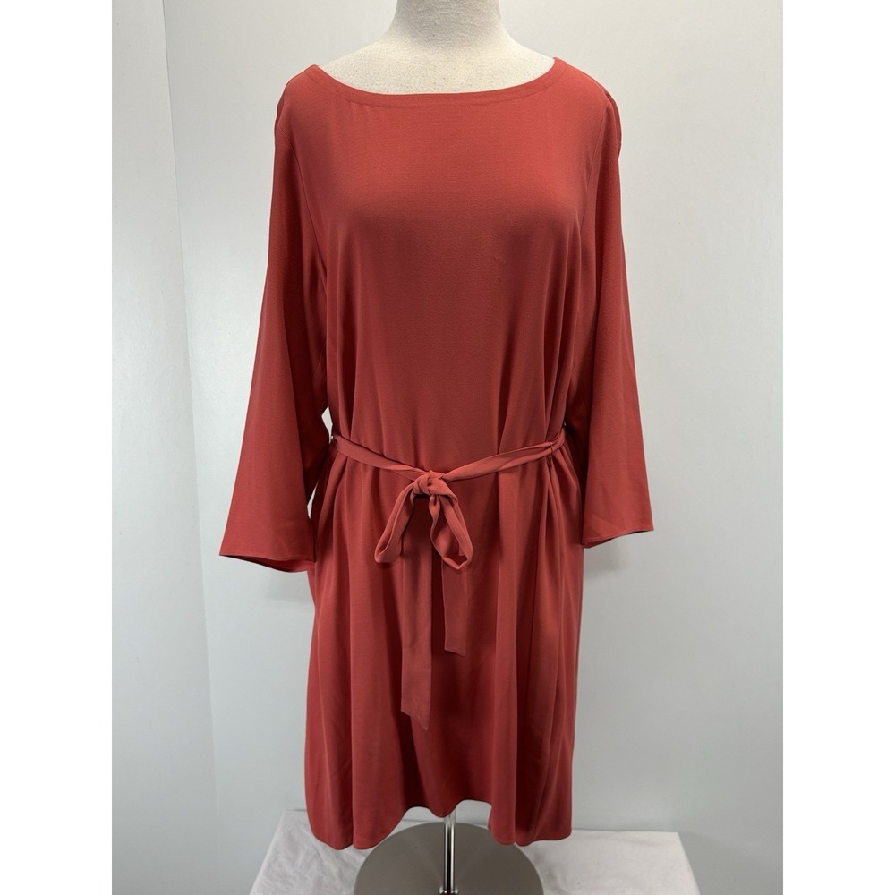 Eileen Fisher 100% Silk Dress Women's X-Large Coral Tie Belt Shift Minimalist